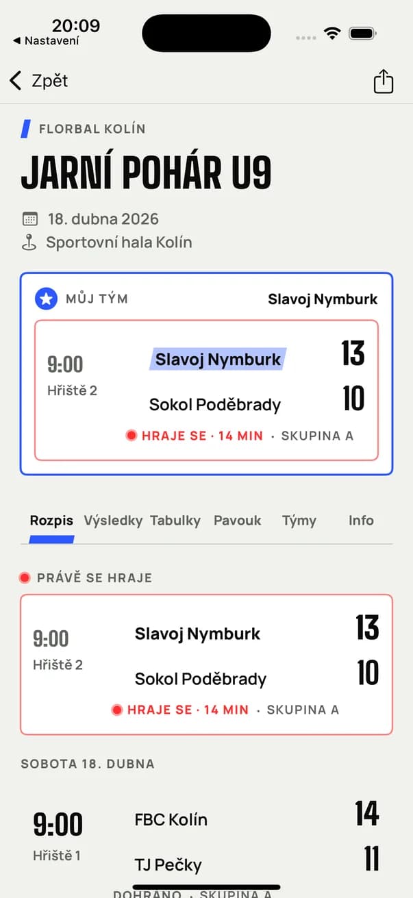 Aplikace pro iPhone s rozpisem, sledovaným týmem a živým zápasem